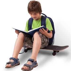 Child on skateboard reading